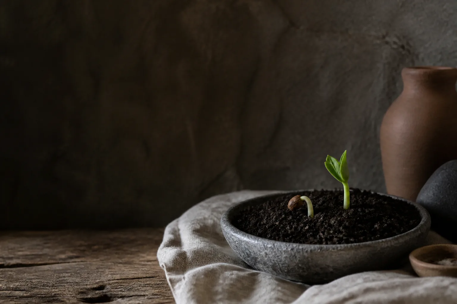 어두운 흙에서 씨앗과 새싹이 자라는 SEED TO TABLE 이미지